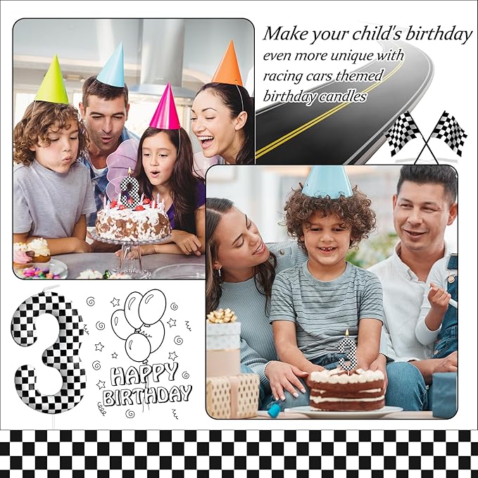 Racing Cars Themed Birthday Candle Number 3 Checkered Candle Birthday Party Decoration Cake Topper for Racing Car Party Decoration Theme Party Supplies (Number 3)