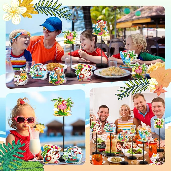6 Pcs Christmas Table Decor Standing Signs Hawaii Decoration for Table Centerpieces Wooden Sign Santa Flamingo Palm Tree Beach Party Tabletop Decor for Home Office Room Desk