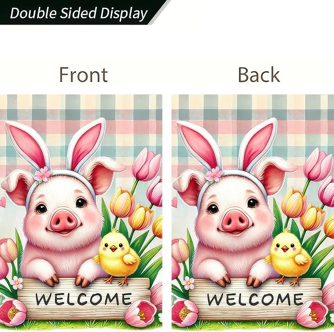 BlissYard Easter Pig Garden Flag 12x18 Inch Double Sided Yard Banner with Bunny Ears and Chick Design Spring Tulip Flower Farmhouse Outdoor Lawn Patio Decoration