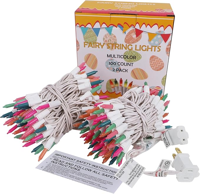 WATERGLIDE 2 Pack Easter String Lights, Christmas Lights, 100 Count 20FT White Wire Mini Pastel Fairy Lights, 120V UL Certified for Patio Wreath Garland Garden Outdoor Indoor Decoration, Multicolor