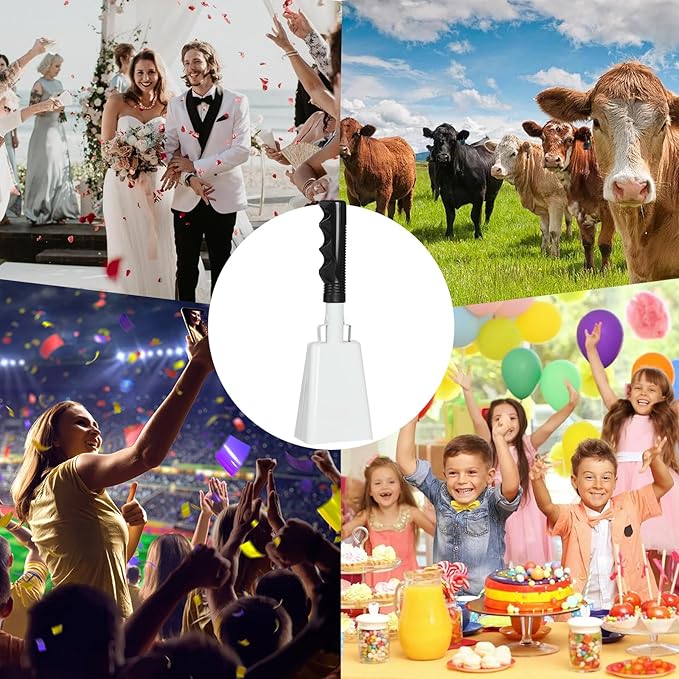 10Inch Cowbells with Handle for Sporting Events, 2Pcs Large Cow Bells with Wrist Straps, Loud Noise Makers for Cheering Football Games Spirit Marathon Weddings Party Noisemakers, White