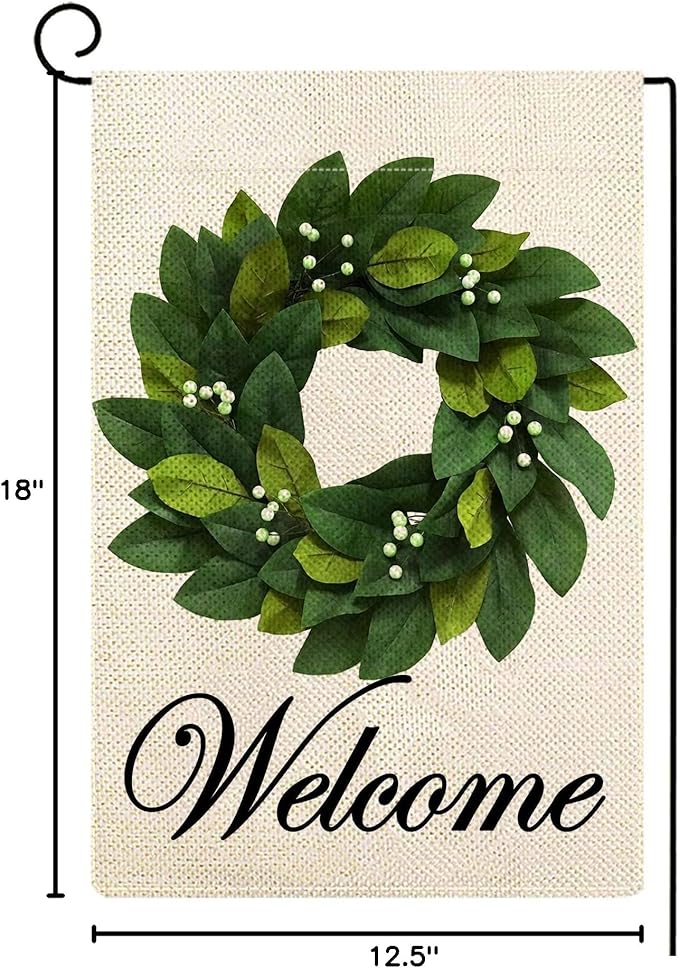 Baccessor Wreath Garden Flag Magnolia Leaves Welcome Small Yard Flag 12.5 X 18 Inch Double Sided Burlap Winter Spring Flag for Outside Decor