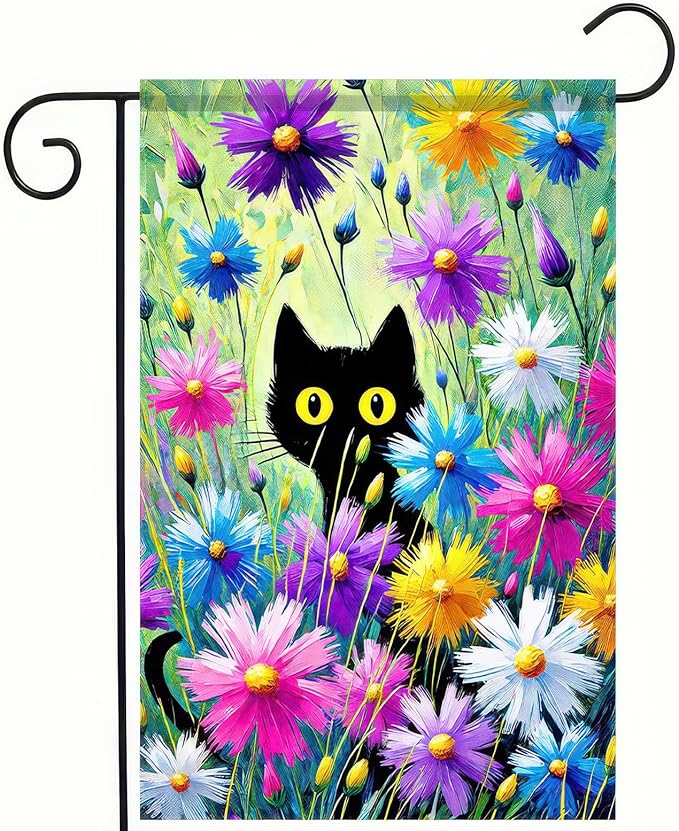 BlissYard Spring Black Cat Garden Flag Funny Floral Cat Gardens Flag 12×18 Inch Double Sided Farmhouse Welcome Yard Flag Spring Seasonal Outdoor Decor Black Cat Springs Flowers Garden Yard Flag