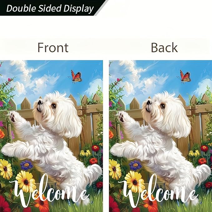 HOMETITUTE Welcome Spring Summer Flowers Maltese Dog Garden Flag Lovely Floral Seasonal Home Decor Banner 12x18 Double Sided Funny Dog Garden Flag Farmhouse Outdoor Yard Decoration Flag