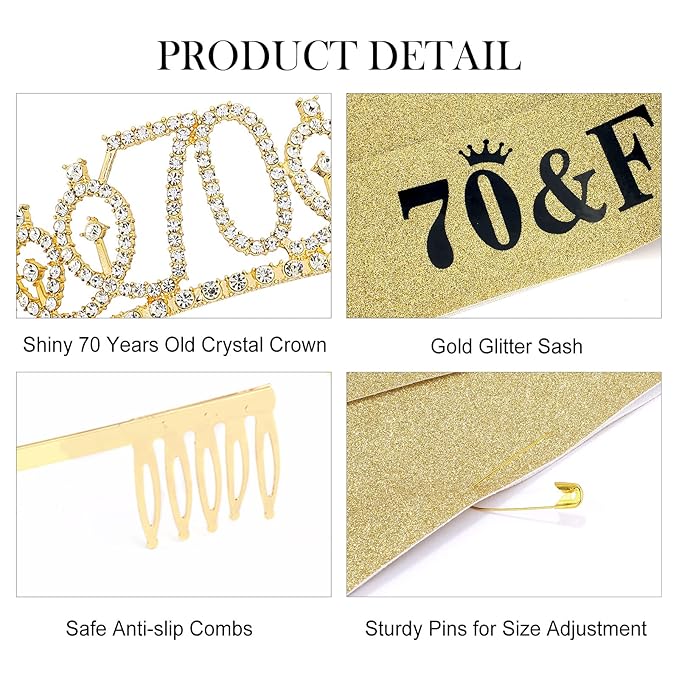 Casoty Gold 70th Birthday Decorations, 70th Birthday Sash and Tiara for Women, 70 & Fabulous Sash and Tiara, Happy 70 Birthday Party Favor Supplies for Women, 70th Gifts for Her
