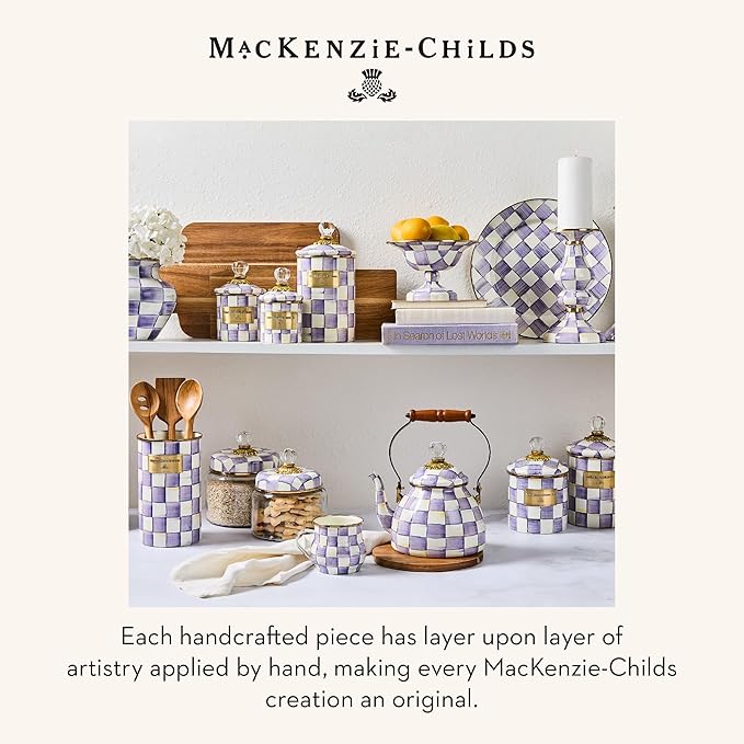 MACKENZIE-CHILDS Enamel Mug, Cute Enamelware Tea or Coffee Mug, 16 Ounces, Purple-and-White Violet Check