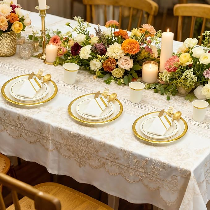AIRE 175PCS White Gold Paper Plates Party Supplies Dinnerware Sets for 25 Guests, Disposable Paper Party Plates, Cups and Napkins, Gold Plastic Forks Knives Spoons for Wedding Birthday BBQ Parties
