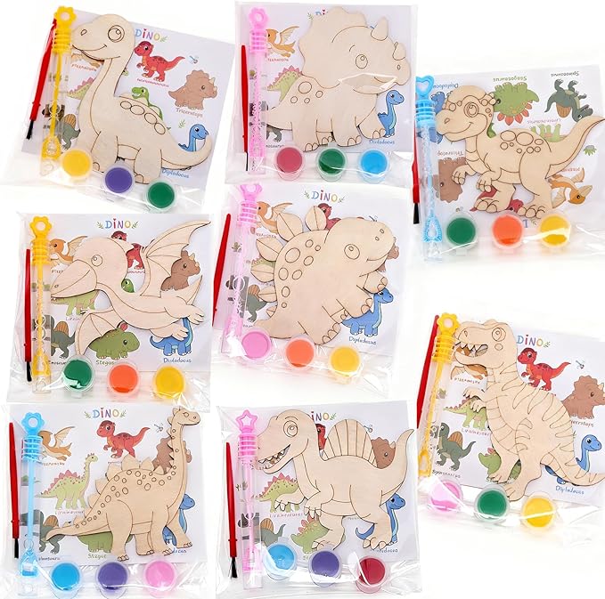 Bafeil 24 Pack Dinosaur Party Favors - Wooden Painting Crafts Kits with Bubble Wands, Birthday Goodie Bag Stuffers, Pinata Fillers, Classroom Prizes & Exchange Gifts - 8 Style DIY Dinos Magnet Arts