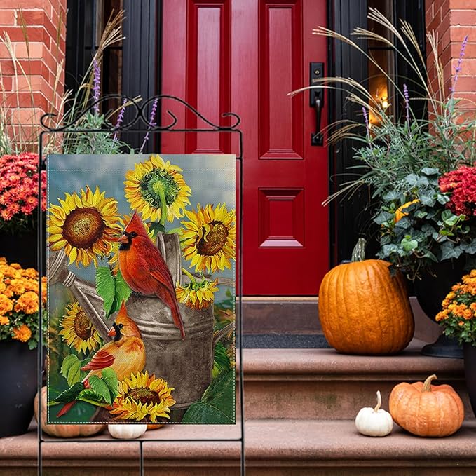 Hzppyz Spring Summer Sunflower Cardinal House Flag Double Sided, Red Bird Garden Yard Outdoor Large Burlap Flag, Fall Farmhouse Home Decoration 28x40