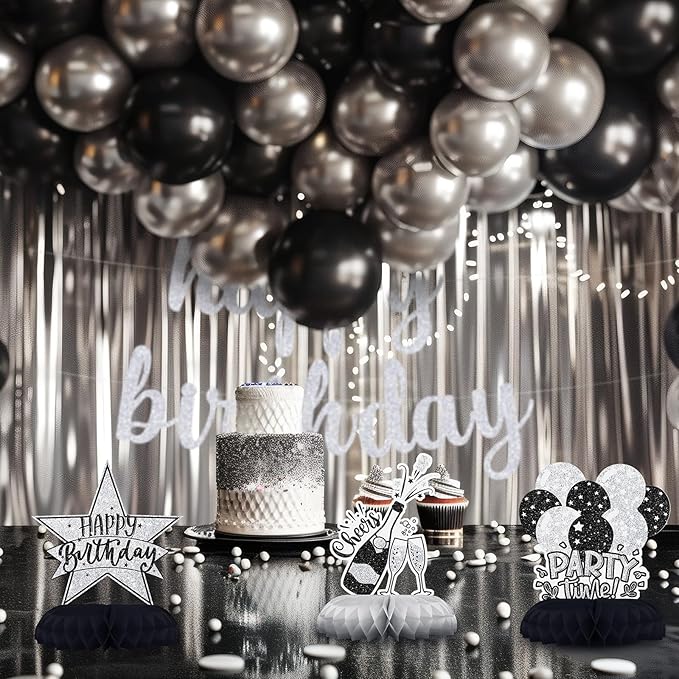 Black and Silver Birthday Decorations – 12PCS Honeycomb Table Centerpieces for Men Women Adults – Happy Birthday Table Decor Party Supplies