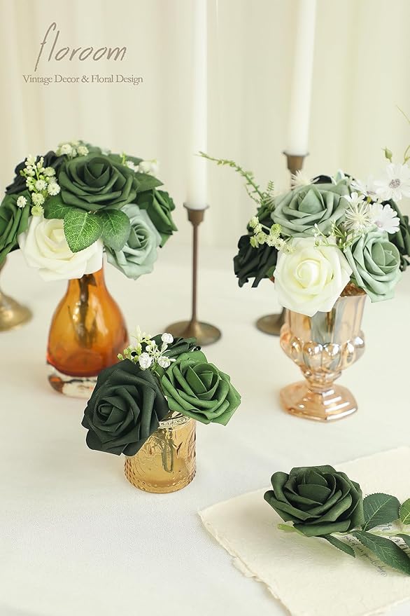 Floroom Artificial Flowers 50pcs Real Looking Emerald Green Foam Fake Roses with Stems for DIY Wedding Bouquets Bridal Shower Centerpieces Floral Arrangements Party Tables Home Decorations