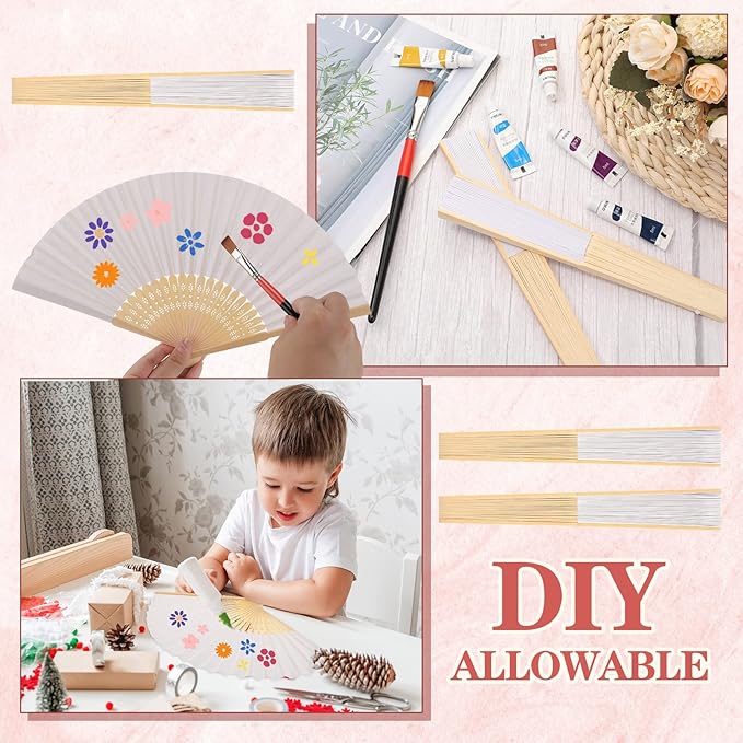 Yinkin 100 Pack Folding Fans Bamboo Handheld Folded Craft Hand Japanese Chinese Fans for Weddings Bridal Dancing Church DIY Decoration Women Gift Party Favors (White)