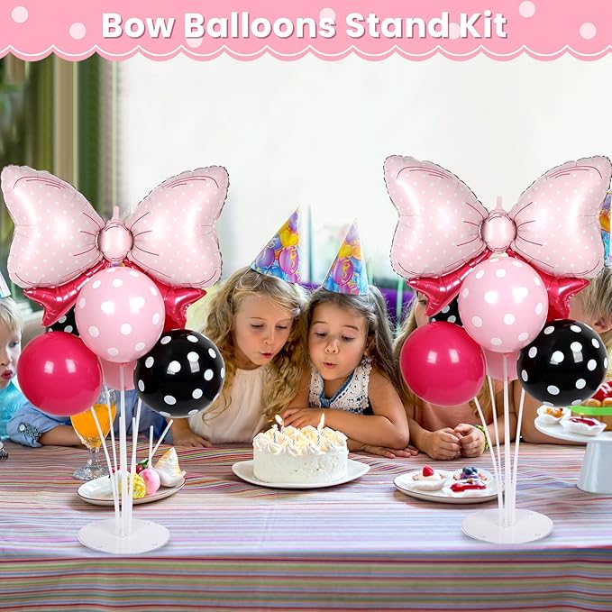 Pink Mouse Party Balloons Stand Kit 2 Sets with 2 Bow Foil Balloons Cartoon Mouse Themed Party Centerpiece for Table Pink and Black Bow Girls Women Gender Reveal Baby Shower Birthday Party Decoration