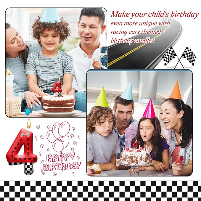 Racing Car Theme Birthday Candle with Checkered Flag Design - Durable Cake Topper for Race Car Party Decorations,Birthday Supplies - Number 4 Candle for Racing Themed Celebrations