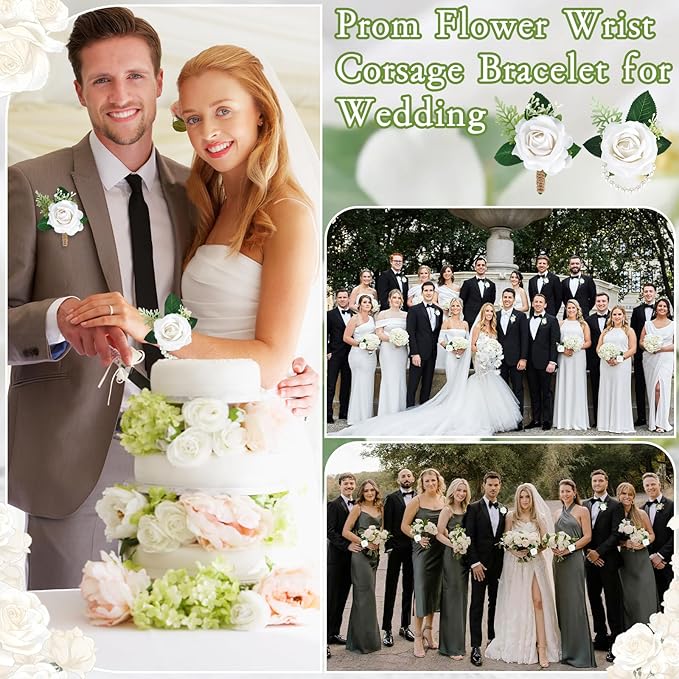 20 Pcs White Rose Corsage and Boutonniere Set, Boutonniere for Men and Wristlet Band,Prom Flower Wrist Corsage Bracelet for Wedding Ceremony Accessories Prom Suit Decorations