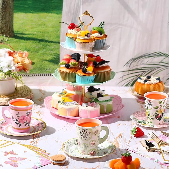 Layhit 83 Pcs Floral Tea Party Set for Girls Disposable Vintage Tableware with 3-Tier Cake Stand, 12 Serves Paper Cups and Saucers, Plates, Napkins, Cutlery for Birthday, Baby Shower