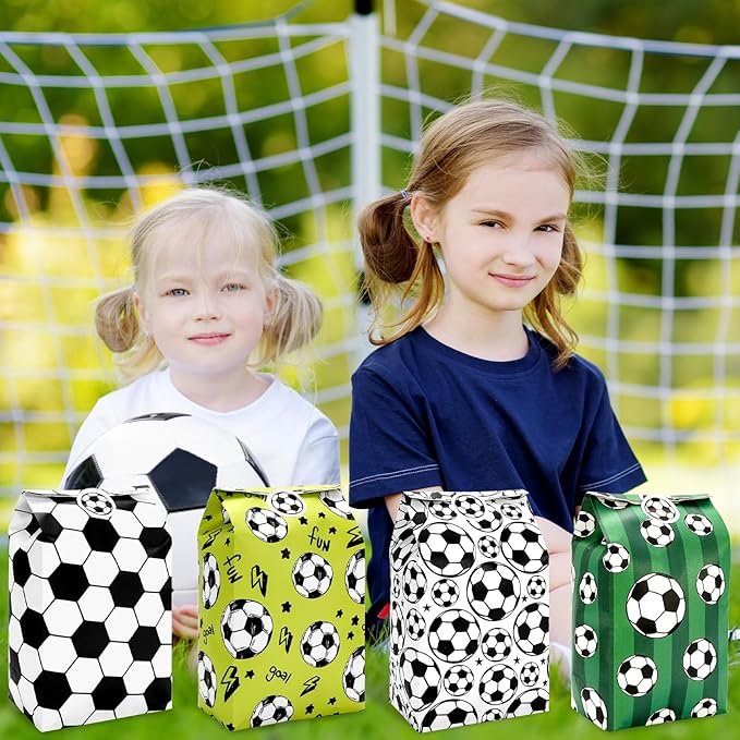Whaline 24Pcs Soccer Paper Party Favor Bag with Stickers Sport Ball Treat Bags 4 Design Goodie Candy Bags for Back to School Birthday Holiday Game Party Gift Wrapping