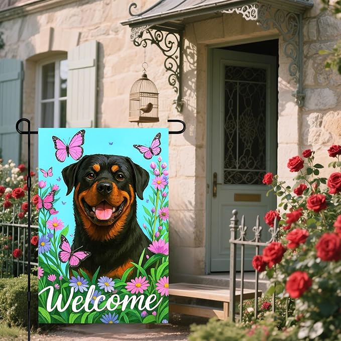 IVN Welcome Dog Garden Flag 12x18 Inch Double Sided Rottweiler Butterfly Flower Outdoor Yard Flag for Home Front Door Lawn Porch Summer Decor