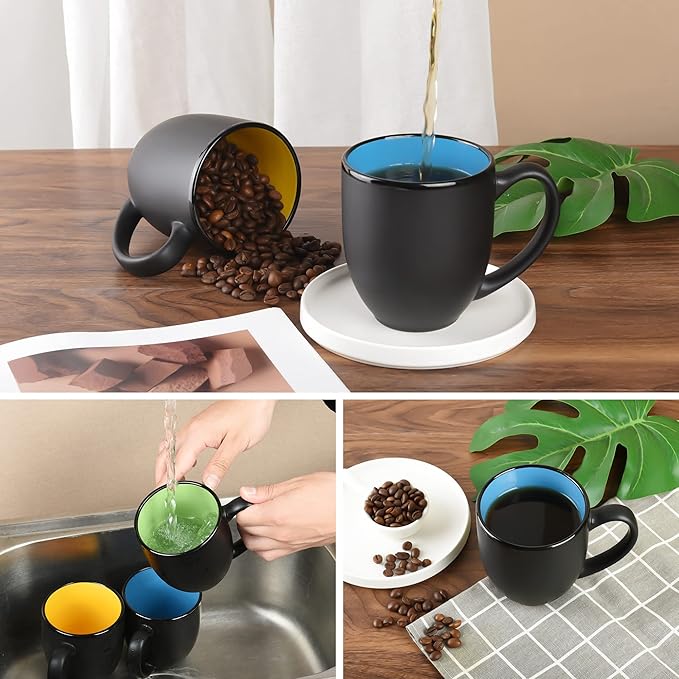 16oz ceramic Coffee Mug Sets with Large Handles Matte Black Porcelain Mug Multiple colors Cups for Coffee, Tea, Juice, Cocoa Set of 6 (16oz)