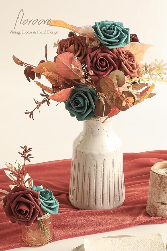 Floroom Artificial Flowers 25pcs Real Looking Peacock Green Foam Fake Roses with Stems for DIY Wedding Bouquets Bridal Shower Centerpieces Floral Arrangements Party Tables Home Decorations