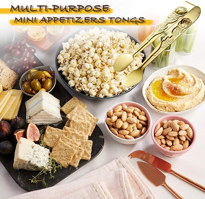 6PCS Mini Serving Tongs 4 Inches Small Rose Sugar Cube Tongs (Gold)