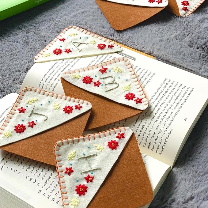 Personalized Hand Embroidered Corner Bookmark, Cute Flower Book Mark, Hand Stitch Gift for Women Book Lovers by HNQCPCVU (N, White)