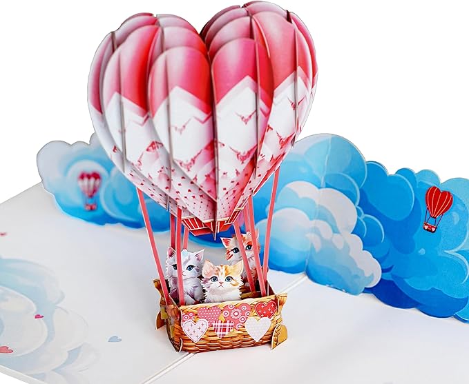 Cats Air Balloon Pop Up Anniversary Cards, 6x8in Wedding Anniversary Card, Valentines Day Cards, 3D Romantic Gift for Her, Him, Husband, Wife (Cute Cats Air Balloon)