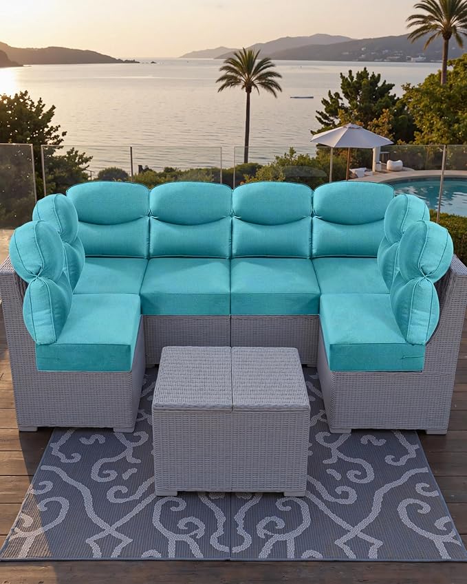 Luxury 24x24x6 Patio Cushions for Outdoor Furniture Set of 2 - Water-Repellent 6-Piece Cushion Set for Outside Rattan Couch Loveseat Chair Sectional Conversation Sets - Turquoise/Smile