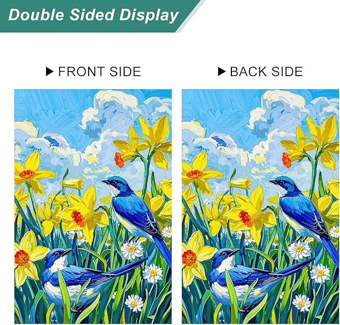 BlissYard Spring Garden Flags 12x18 Double Sided Spring Decorations For Home Front Porch Decor Blue Birds and Daffodils Backdrop Design Outdoor Decoration Springs Gardens Flags For Outside