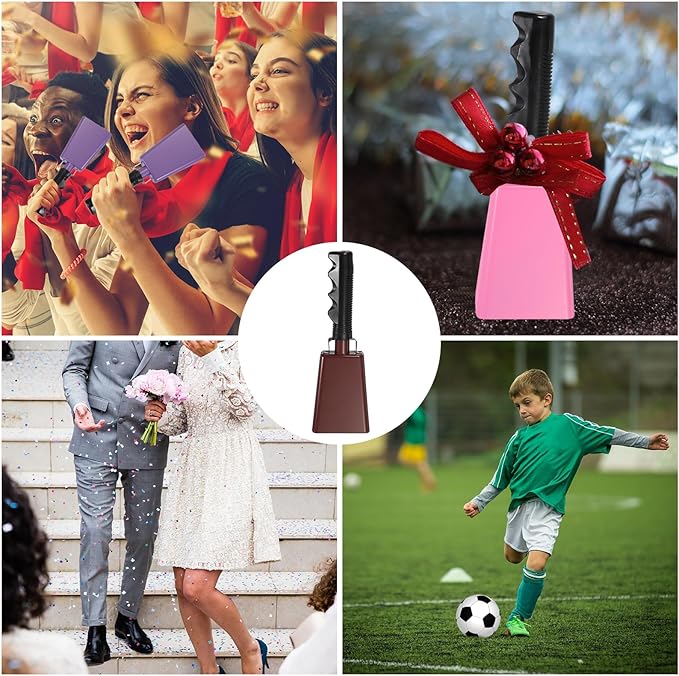 PATIKIL 9inch Cow Bells for Football Games, 2pcs Cowbells for Sporting Events Bulk Loud Noise Makers Metal Cow Bell with Handle for Cheering Competition Marathon Wedding DIY Paint, Copper