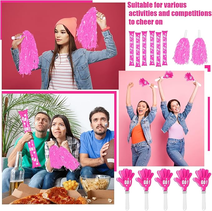 Hungdao 60 Pcs Noise Makers Homecoming Football Favors Include 24 Thunder Sticks Cheer Sticks 12 Hand Clapper 24 Cheerleading Pom Poms for Sporting Events Pep Rally Supplies(Pink)