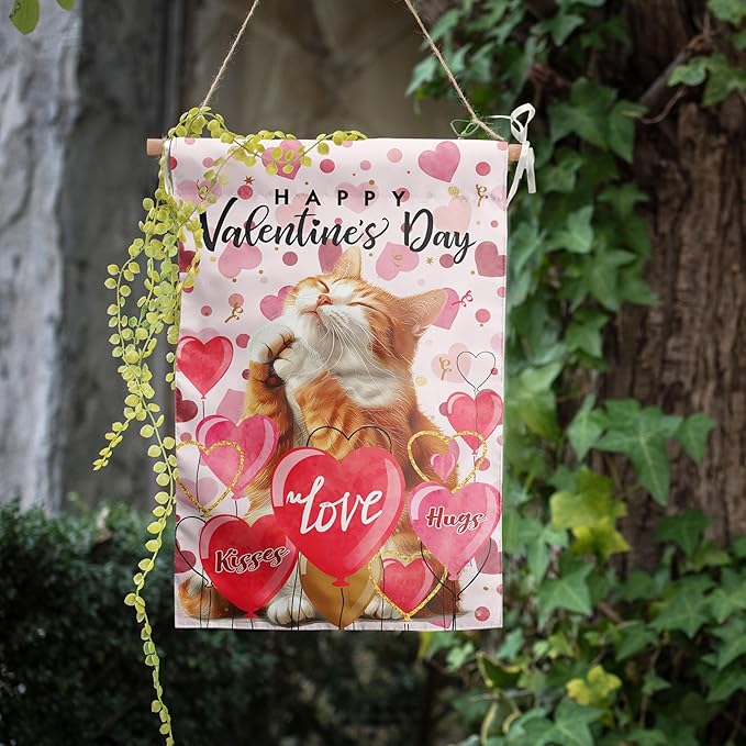 Orange Cat Valentine Garden Flag Valentines Day Flags for Outside 12x18 Double Sided Small Yard Flags Cat Valentine's Day Decor Outdoor Lawn Valentines Banners Front Porch