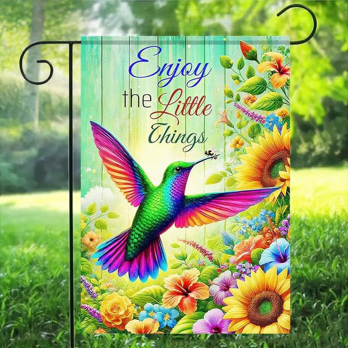 BlissYard Hello Spring Garden Flag Double Sided 12 x 18 Enjoy The Little Thing Hummingbird Garden Flag Flower Garden Flags Hummingbird Yard Outside Home Decoration Seasonal Outdoor Small Decor