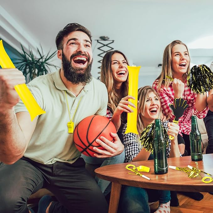 Yunsailing 96 Pcs Noisemakers Team Spirit Accessories for Game Day Include Hand Clappers Cheerleading Pom Pom Thunder Stick Cheer Party Blower Plastic Whistle for Sport Fans(Black Gold)