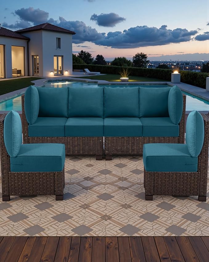 Luxury 24x24x6 Outdoor Seat Cushions for 6-Seat Sectional Sofa Set of 6 - Water-Repellent 14-Piece Patio Cushion Set for Outside Rattan Loveseat Chair L-Shape Couch - Peacock Blue/Classic