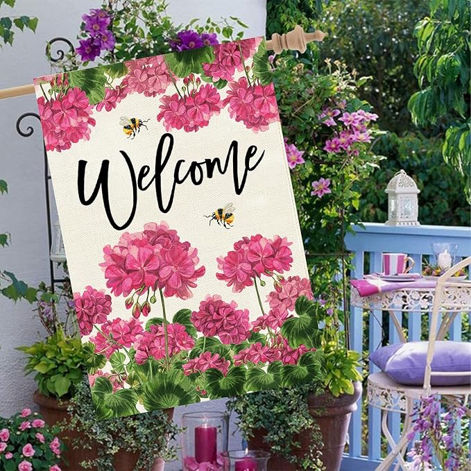 Baccessor Spring Summer Geranium Welcome House Flag Double Sided Burlap,Pink Floral Bee Large Garden Flag Seasonal Farmhouse Front Entry Yard Porch Patio Outside Outdoor Decor 28x40 Inch