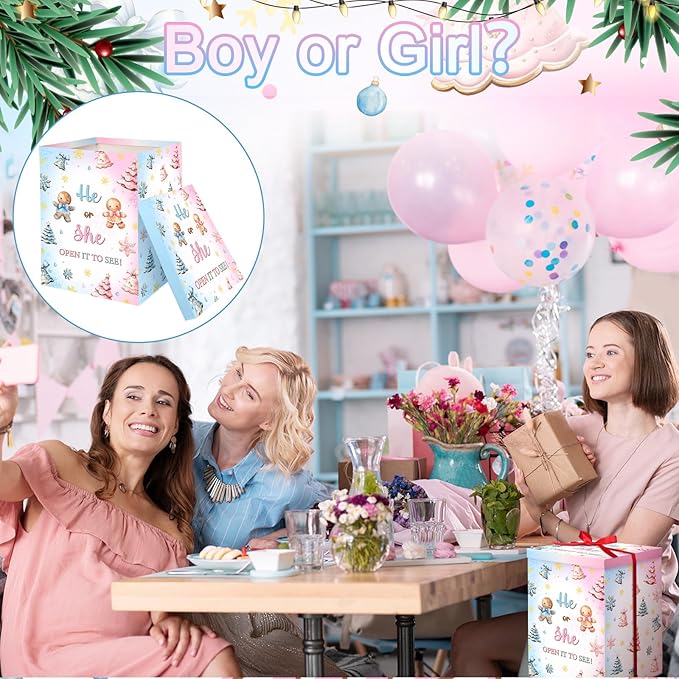 Hungdao Gender Reveal Balloon Box with Ribbon and 10 Pink and Blue Balloons Gender Reveal Games He or She Open to See for Party Decoration 12"x12"x16" (Gingerbread and Trees)