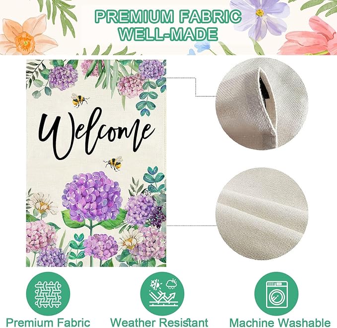 Baccessor Spring Summer Hydrangea House Flag Double Sided 28x40 Inch, Purple Flower Floral Welcome House Flag Burlap Seasonal Farmhouse Yard Outdoor Decoration (Large)