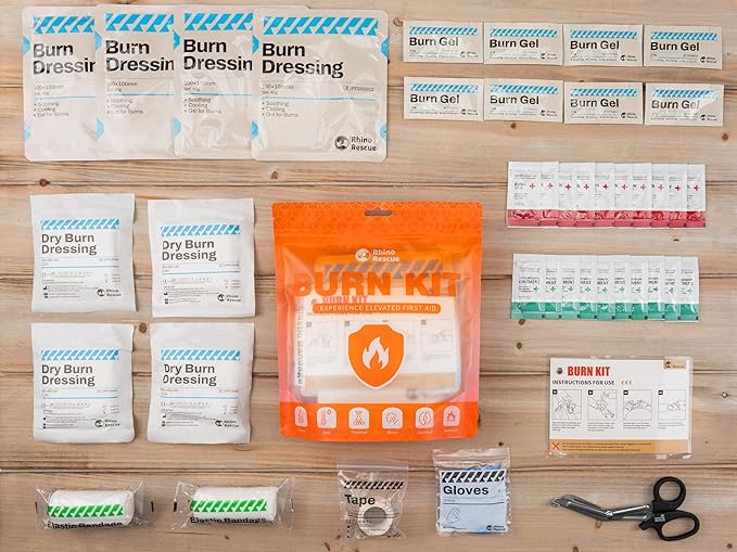 RHINO RESCUE Burn Kit, 4pcs Burn Dressings 4x4”, 8pcs Burn Gel Packets 3.5g, 4pcs Burn Pads, First Aid Kit Cooling Soothing Cream Relief with Bandage, Nitrile Gloves, Scissors, Tape