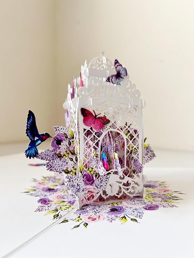 ETA 3D Colorful Butterflies and Hummningbird Cage Pop Up Card, 3D Animal Birthday Card, Nature Card, Mother's Day Card, 3D Card for Anniversary, Thank You, All Occasions, A06, VHA06