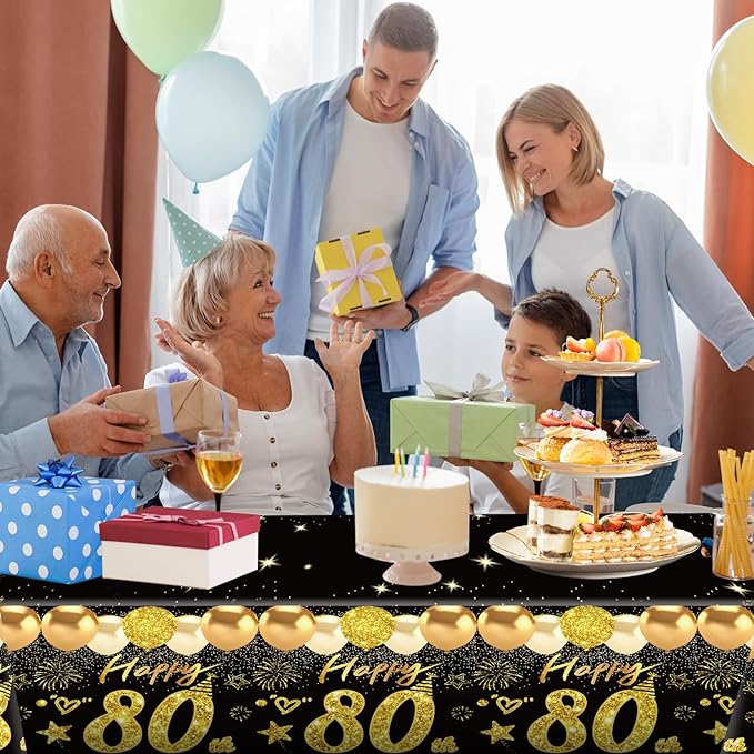 2pcs 80th Birthday Tablecloth, Black Gold 80th Birthday Decorations for Men Women Vintage 1946 Table Cloth Plastic Rectangular Table Cover Happy 80 Anniversary Party Supplies