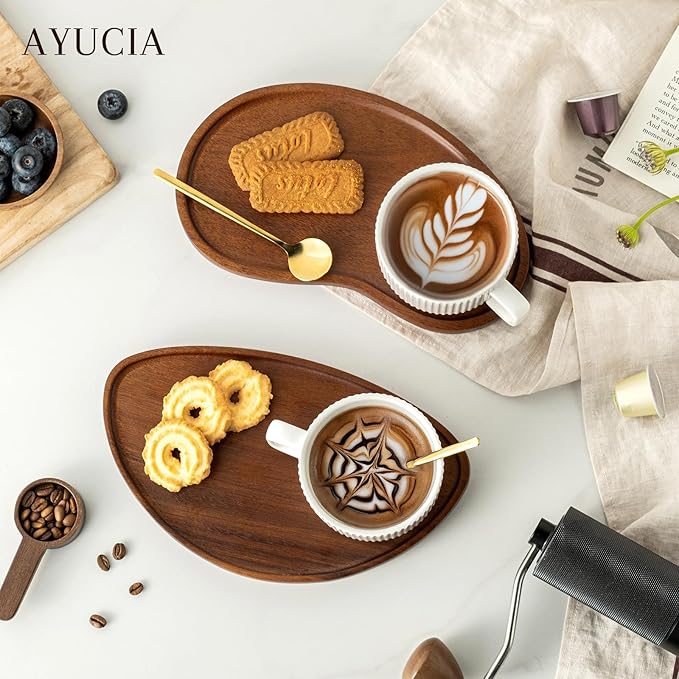 Tea Cup and Saucer Set, 8OZ Cappuccino Cup with Acacia Serving Saucer and Spoon, White Cream Ceramic Coffee Mug with 9.4inch Wooden Plate for Latte Dessert Breakfast