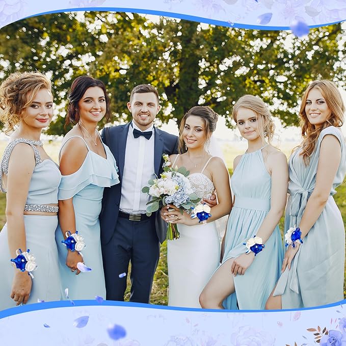 Zeyune 18 Pcs Wrist Corsages for Prom Wedding Artificial Rose Wristlet Corsage Hand Flower for Mother of Bride and Groom, Bridal, Bridesmaid Wedding Supplies (Royal Blue)