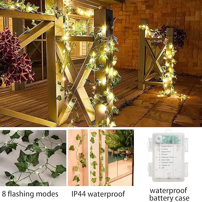 KANLONG 33 Ft Vine with Fairy Lights Battery Operated, 8 Flashing Model Waterproof 100 LEDs Battery Powered Artifical Ivy Leaves Vine String Light for Garland Wedding Party Holiday Patio Bedroom Decor