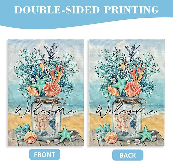 Covido Welcome Summer Mason Jar Decorative Garden Flag, Beach Coastal Coral Starfish Shell Sea Horse Yard Outside Decorations, Nautical Seasonal Burlap Outdoor Small Home Decor Double Sided 12 x 18