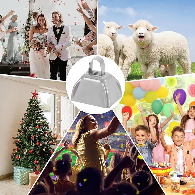 3Inch Cowbells for Sporting Events,12Pcs Metal Cow Bells Bulk Loud Noise Makers Cow Bell with Handle for Cheering Football Games Spirit Marathon Weddings Party Noisemakers, Silver