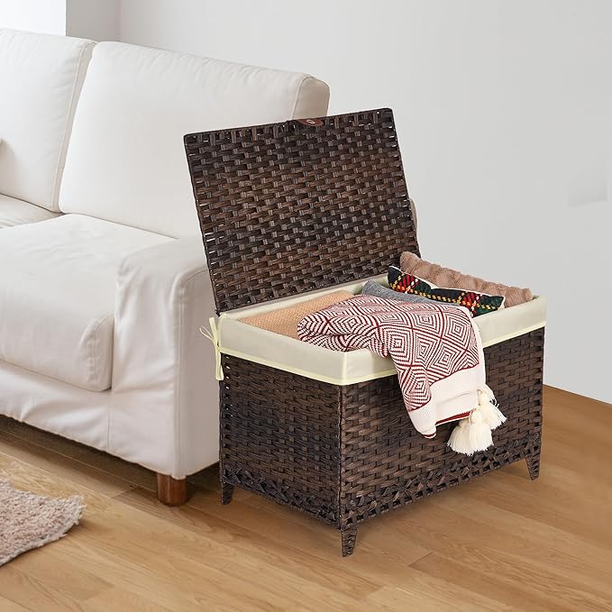 Wicker Storage Basket with Lid,Rattan Shelf Basket with Removable Liner Bag,160L Storage Bin,Storage Trunk with Heightened Feet,Storage Container for Wardrobe,Home Organizer