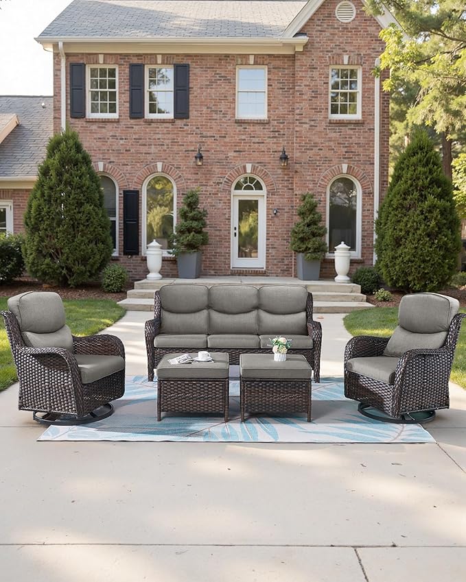 Pop 22x25/22x24 Outdoor Cushions for Patio 5 Piece Set - Set of 5 Water-Resistant Replacement Cushion for Wicker Rattan Rocking Swivel Chairs Loveseat Couch Sectional Sofa - Grey/Smile