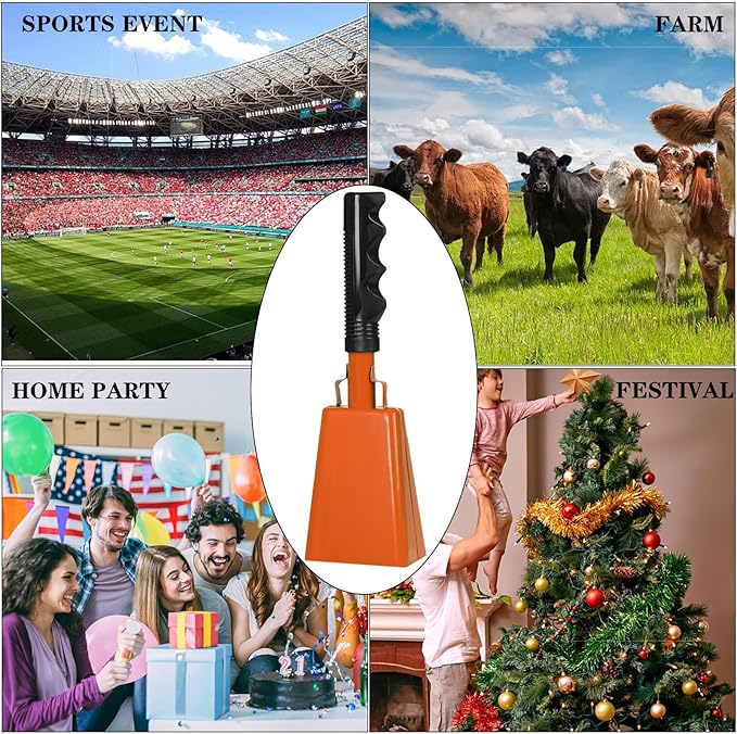 10inch Metal Cowbells with Handle, 1Pcs Cow Bells with Wrist Strap for Sporting Events, Football Games, Party, Concert, Graduations, Farm Ranch, Orange