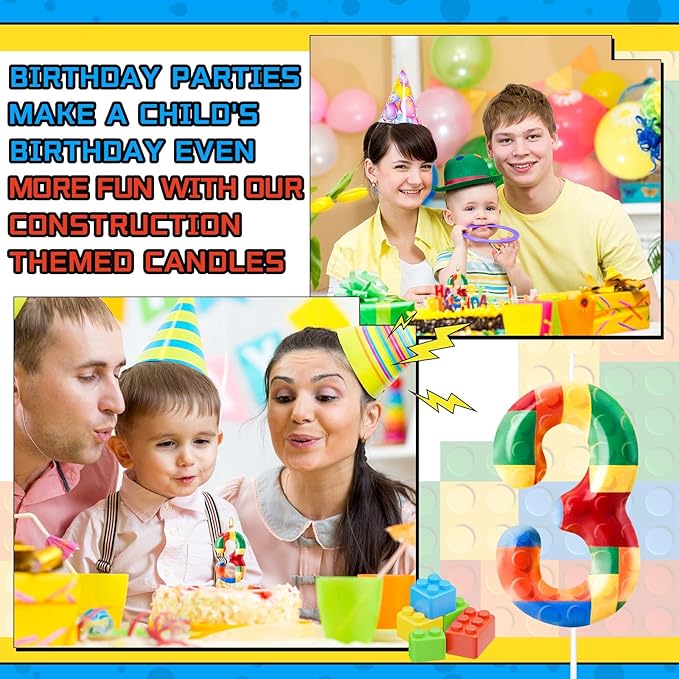 Building Block Themed Birthday Candle Number 3 Candle Birthday Party Decoration Cake Topper for Building Block Party Decoration Theme Parties Supplies (Number 3)